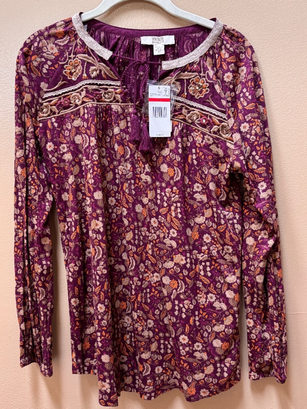 Vintage America Boho Embroidered Long Sleeve Floral Top Size XS NWT
